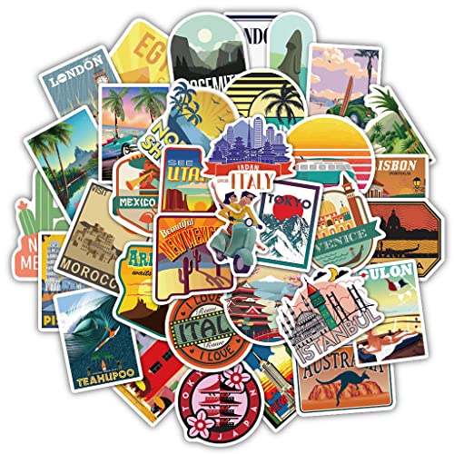 ZIBUYU® Scrapbook Stickers Set World Travel Scenery Theme Sticker for DIY Crafts Photo Album Stickers Art Aesthetic Stickers Skateboard Stickers Phone Case Sticker - 50 Pieces