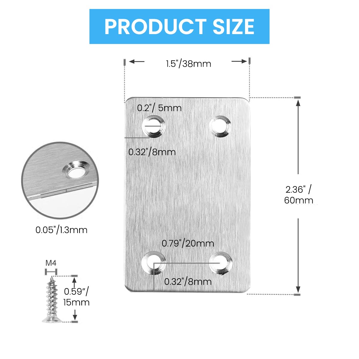 Serplex Furniture Mounting Plates for Wood and Cabinets with Screws 20pcs 2.4x1.5in Stainless Steel
