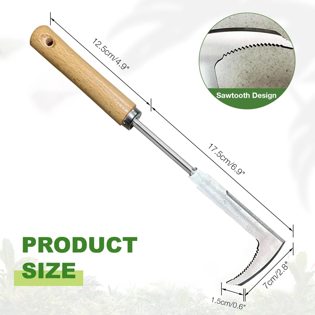 HASTHIP® Gardening Hand Weeder 11.8'' Stainless Steel Weeder Utility Pointy Crack Weeder Tool Wooden Handle Sickle-shaped Serrated Blade Weeder Tool Gardening Tool Cracker Cleaning Tool