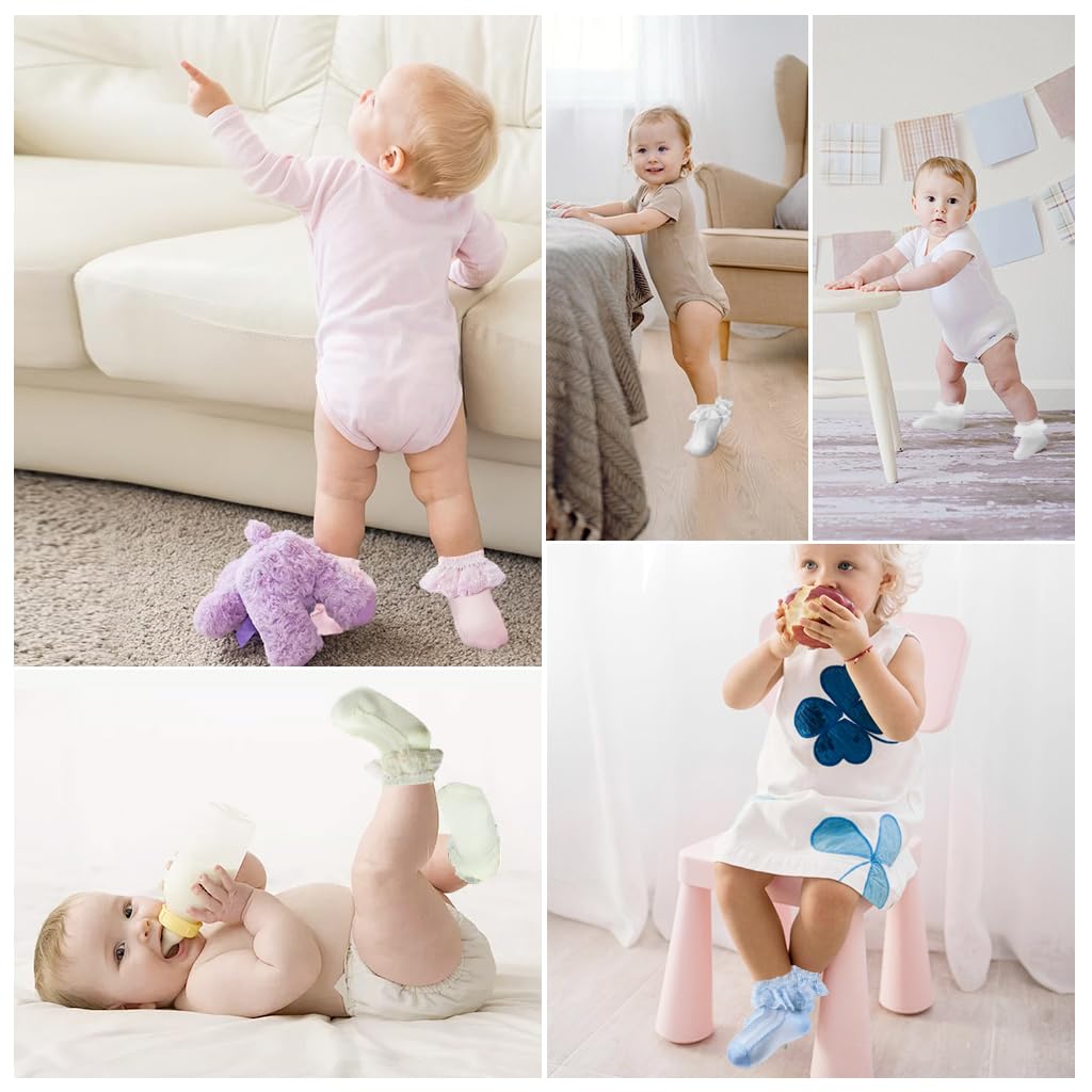 SNOWIE SOFT Baby Socks 4 Pairs with Ruffle Lace Cuffs in 4 Colors for 0–3 Year Old Girls | Breathable Cotton Summer Gift Set