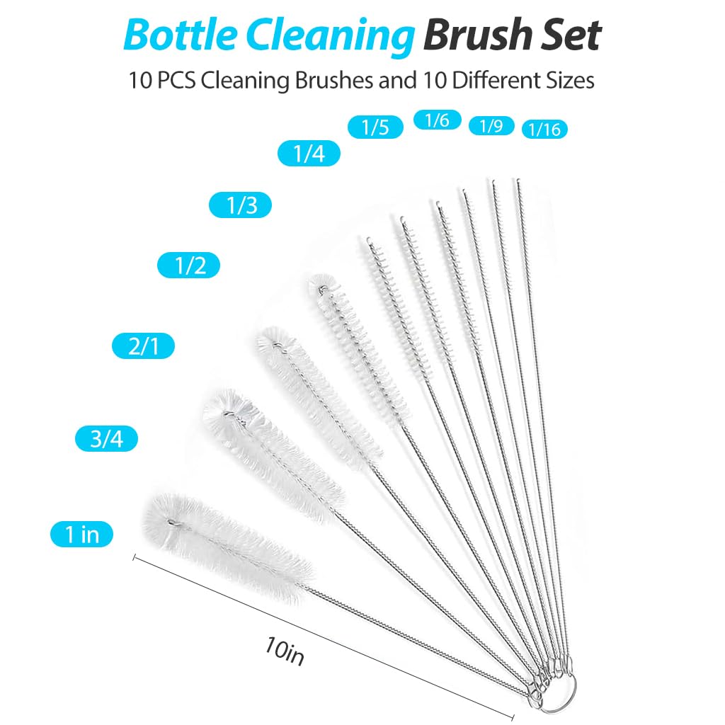 ZIBUYU Straw Cleaner Brush for Reusable Straws with Stainless Steel Handle and Nylon Bristles Pack of 10