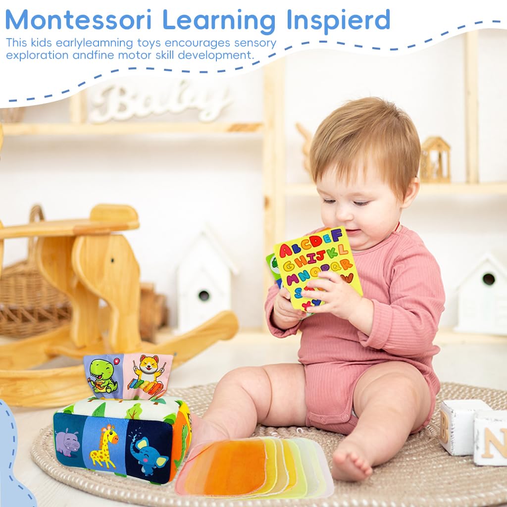 PATPAT Soft Tissue Box Toy for Baby 6–18 Months with 8 Sheer & 3 Crinkle Fabrics | Montessori Sensory Play
