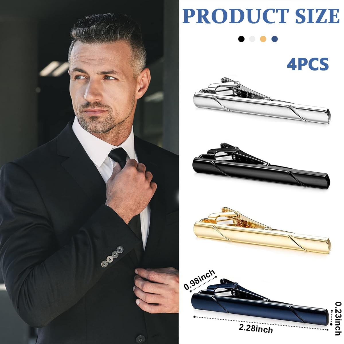 Venzina Tie Clip Set for Men with 4 Metal Clasps in Blue Black Gold and Silver | Gift Box