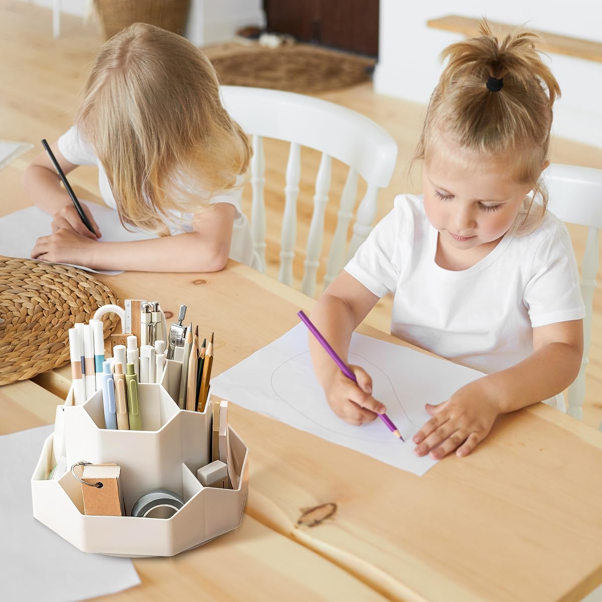 Climberty Pen Stand for Study Table with 9 Slots and 360 Degree Rotating Organizer | Beige Desk Storage for Office School Home