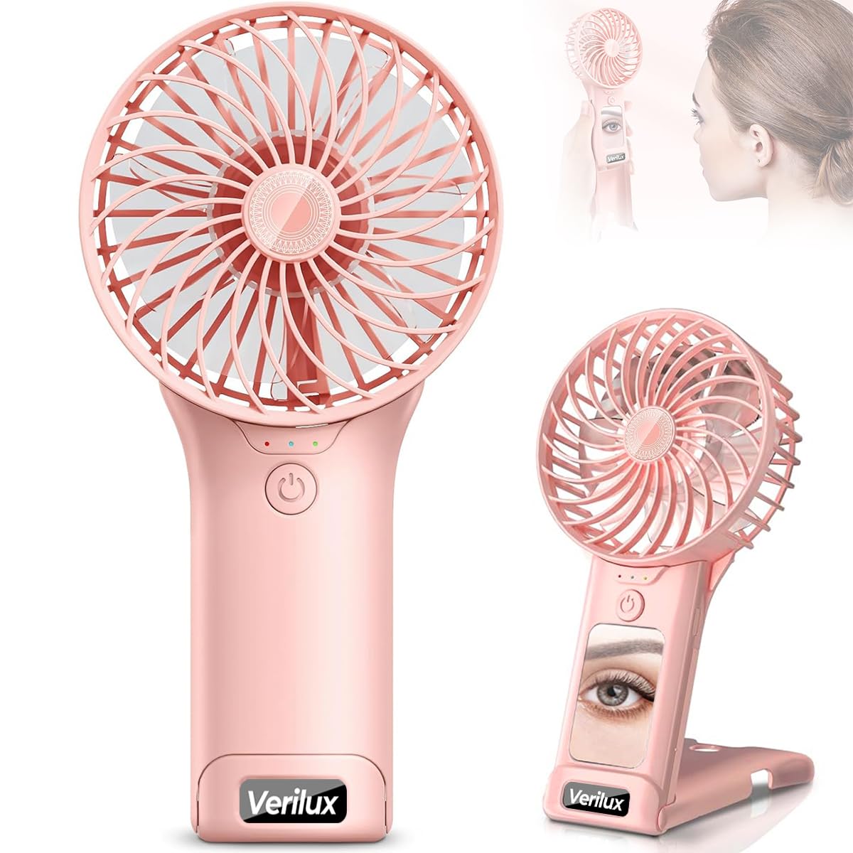 Verilux® Hand Fan Mini Portable Fan with Mirror, 4-Speed USB Fan with Foldable Stand Base, Lasting Max 20Hrs Working Time, Rechargeable Fan for Girls Women Traveling Outdoor (Pink)