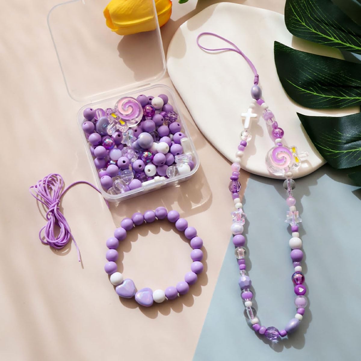 SANNIDHI Beads for Bracelet Making Kit for Girls with Pink Bow Charms | DIY Phone Strap Craft Set