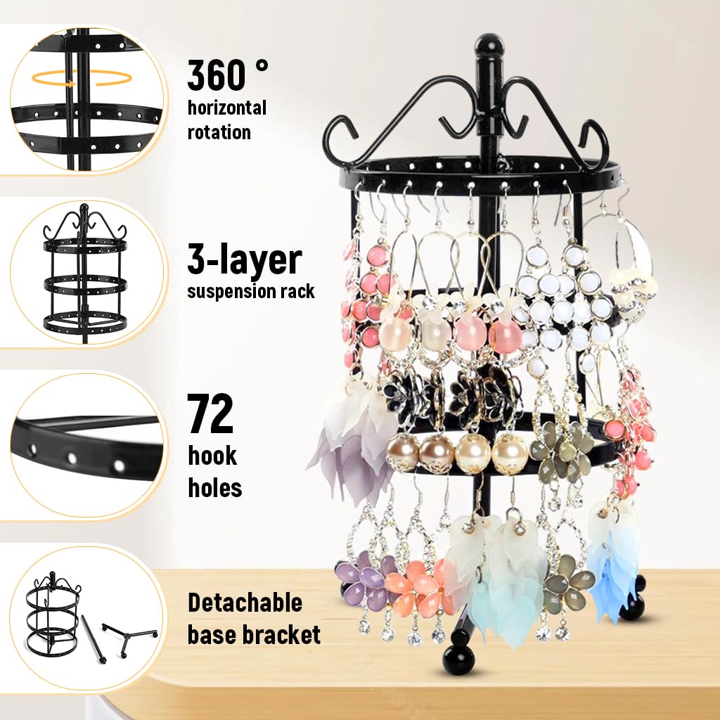 MAYCREATE® Hoop Earrings Organizer for Women, 3 Tier Rotating Earring Organizer Box Storage Rack, Iron Art Earrings Holder for Over 50 Pairs, Display Stand for Dangle, Hoops Earings (Black)