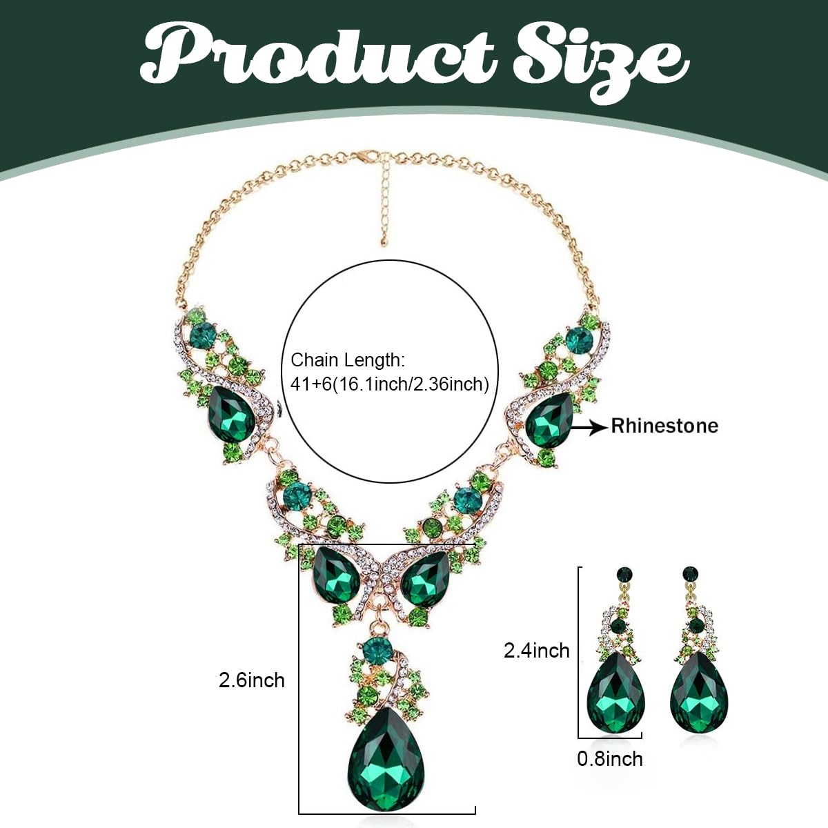 Venzina® Green Rhinestone Necklace & Earrings Set Luxury Dazzling Jewelry Set Glamorous Jewelry Necklace Earrings for Women Gowns, V Neck Dress, Evening Dresses