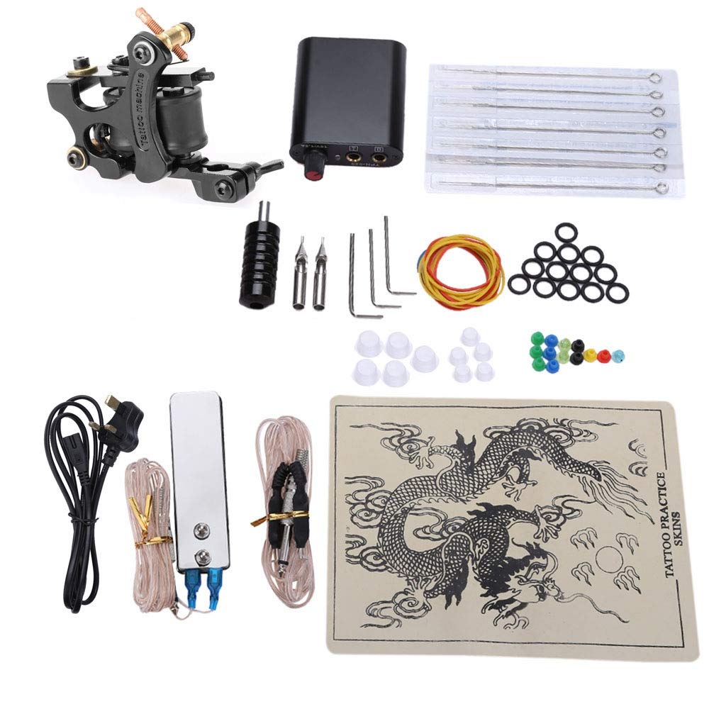 Hannea Tattoo Kit for Practice with 15 x 20cm Skin and 8 Wrap Coils | Black UK Plug