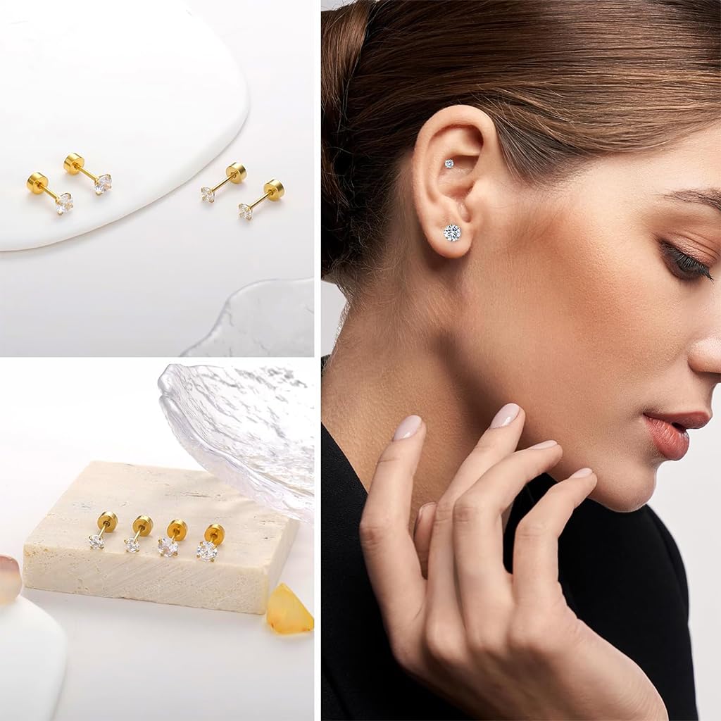 SANNIDHI Earrings for Women with Flat Back Gold Cartilage Studs 5 Pairs 3–8mm | Hypoallergenic 316L Stainless Steel Cubic Zirconia