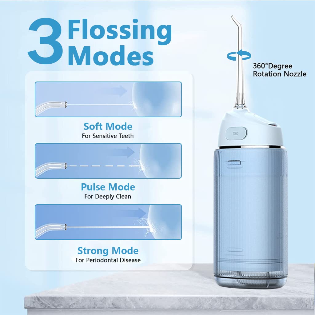 HANNEA® Rechargeable Water Dental Flosser Cordless Portable 170ml Dental Cleaner High Frenquency Water Dental Flosser with 3 Modes, 4 Jet Tips, 90s Timing Function, IPX7