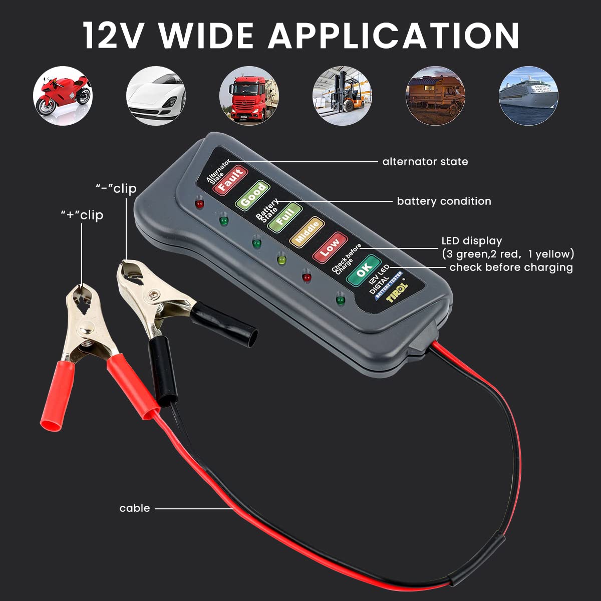 STHIRA Lukzer 12V Digital Battery Tester Alternator for Vehicles with 6 LED Lights