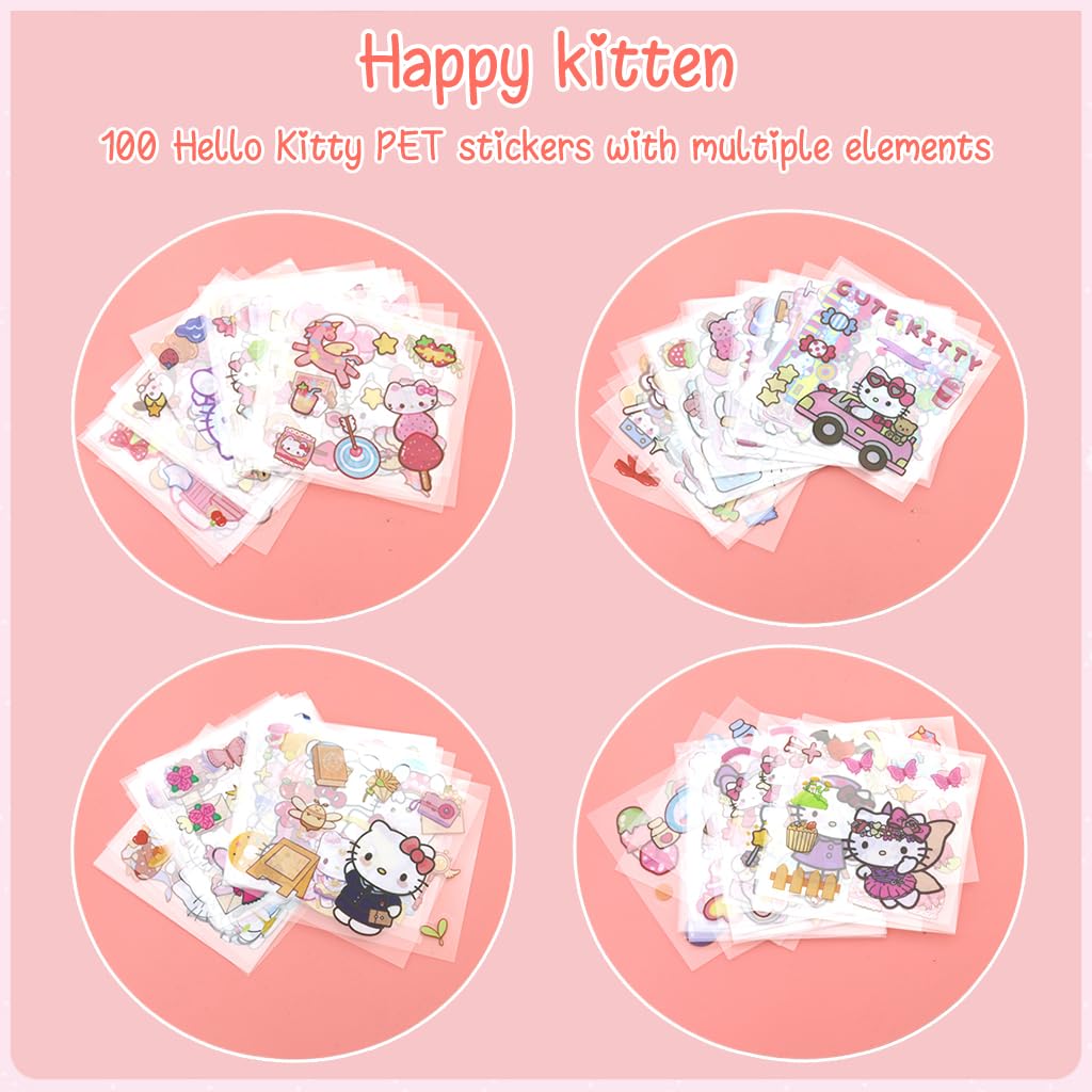 HASTHIP® 200Pcs Cute Cartoon Stickers PET Hello Kitty Sticker & Washi Stickers Set DIY Scrapbooking Kawaii Hello Kitty Stickers for Phone Case, Laptop Cover, Kids Water Bottle