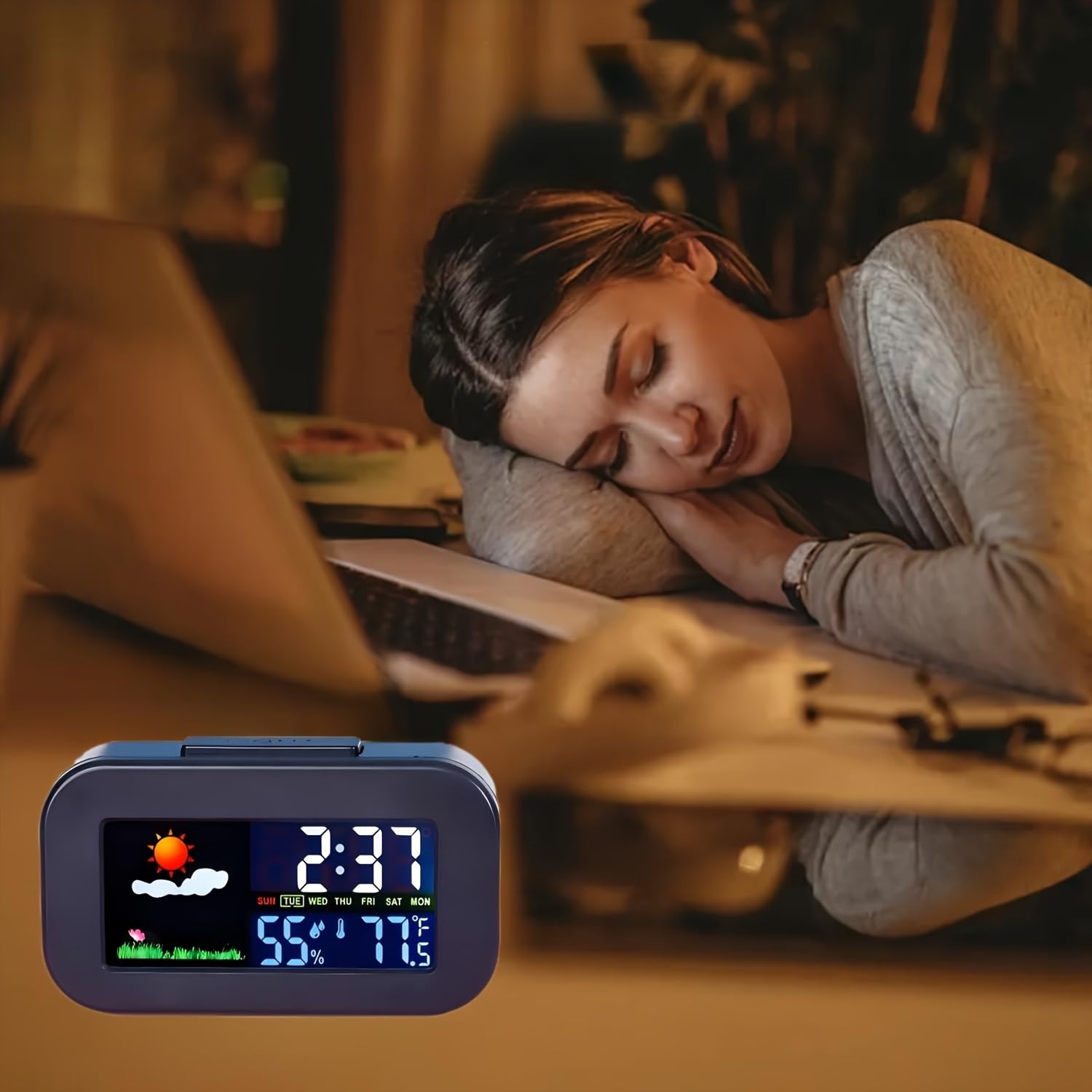 Serplex LCD Digital Timer Clock for Home with Snooze Mode and Color Display | Time Date Temperature Humidity