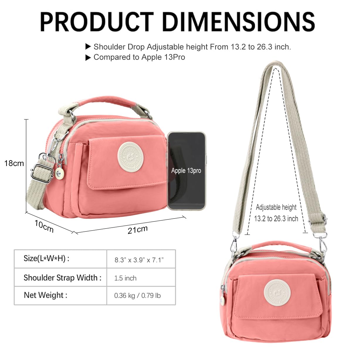 PALAY® Womens Crossbody Bag with Handle Fashion Shoulder Bag Sling Bag Travel Casual Handbag Triple Layer Small Shoulder Messenger Bags Waterproof Nylon Bag, Pink