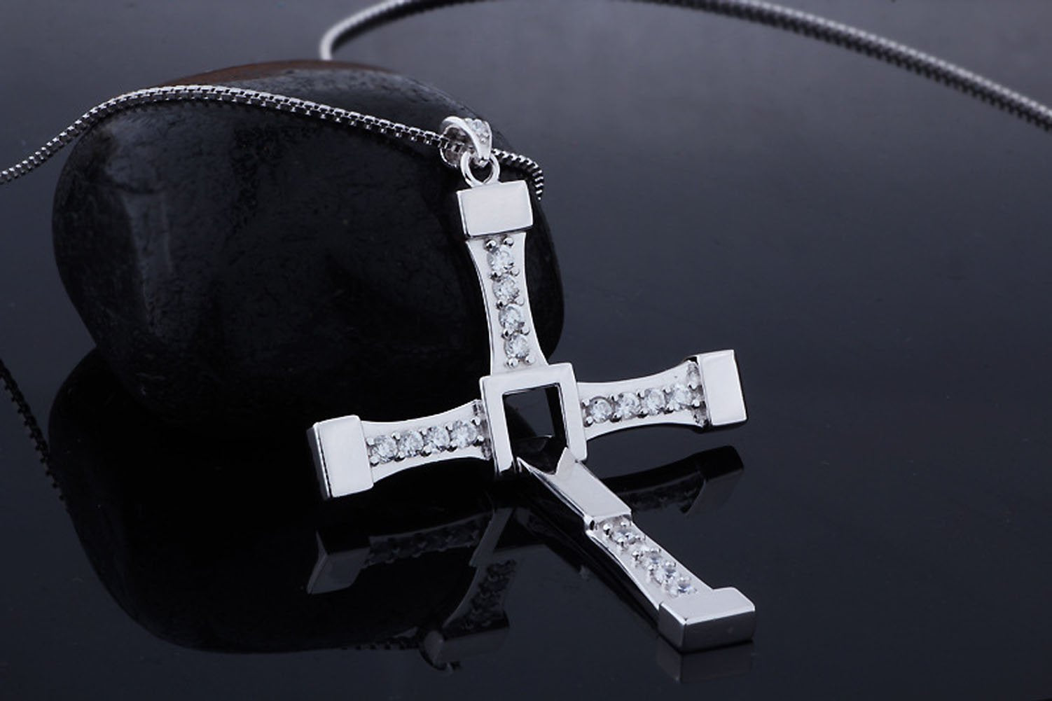 SANNIDHI Silver Cross Pendant Necklace for Fans | 24 in Chain with Rhinestone Details