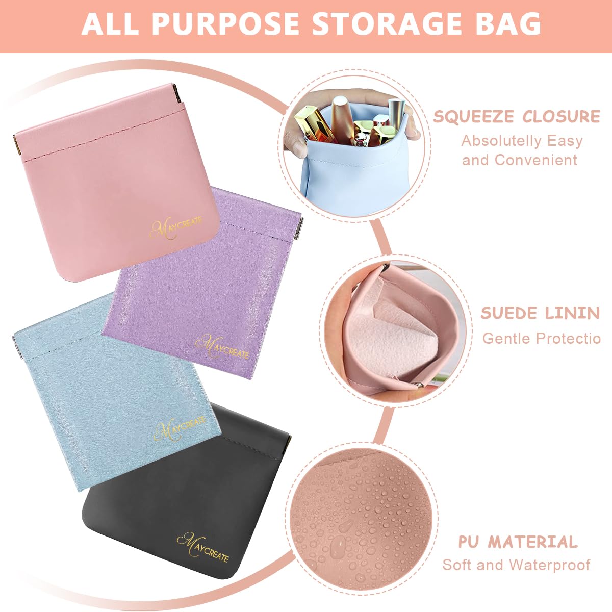 MAYCREATE Mini Makeup Bag for Travel with Self Closing Design 4 Pack 4.3x4.7 in PU Pouches