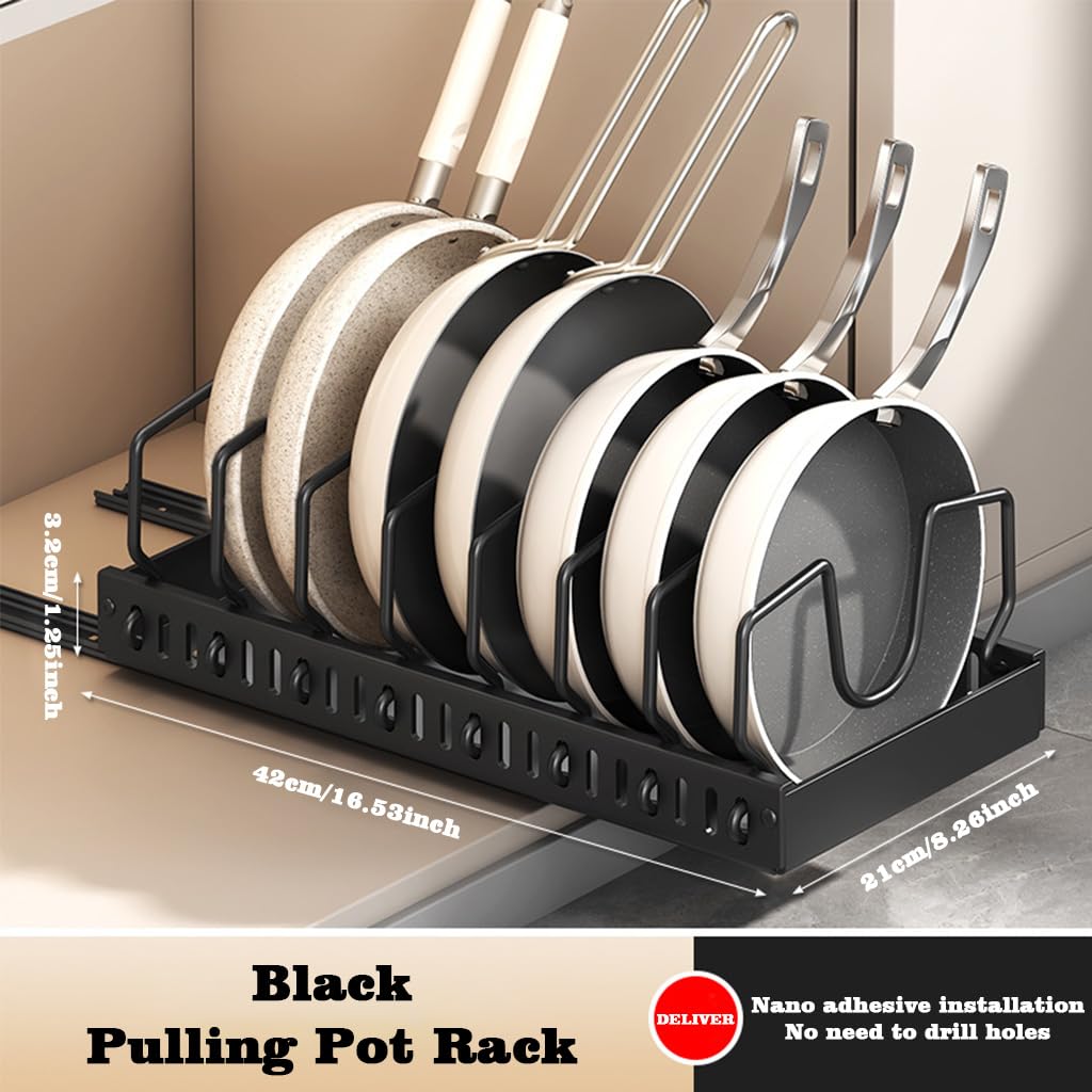 Supvox Pan Stand for Kitchen with 8 Adjustable Brackets and Pull Out Adhesive Rail | Carbon Steel Organizer