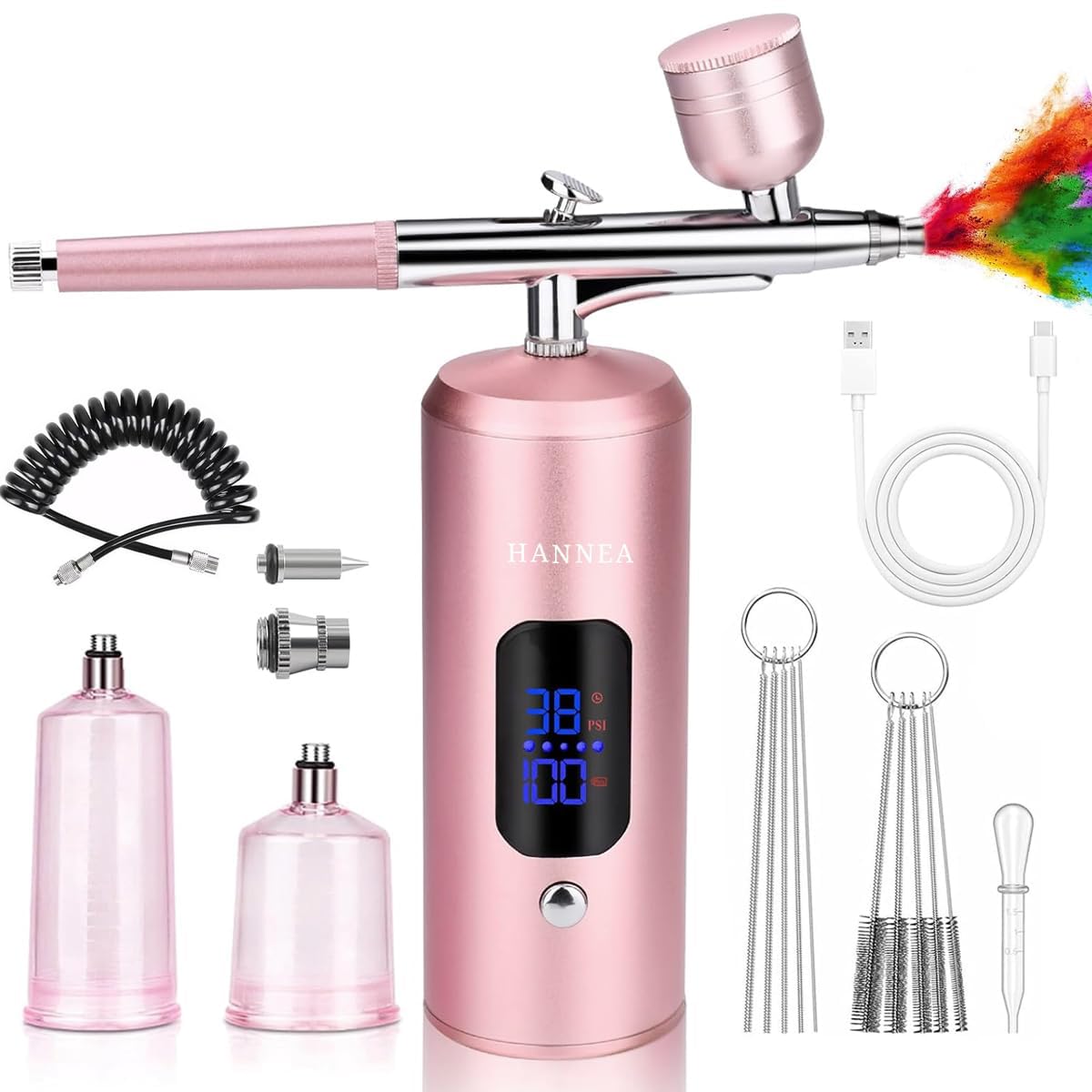 HANNEA Cordless Airbrush Kit for Painting and Makeup with 0.3mm Nozzle and LCD Display | Pink