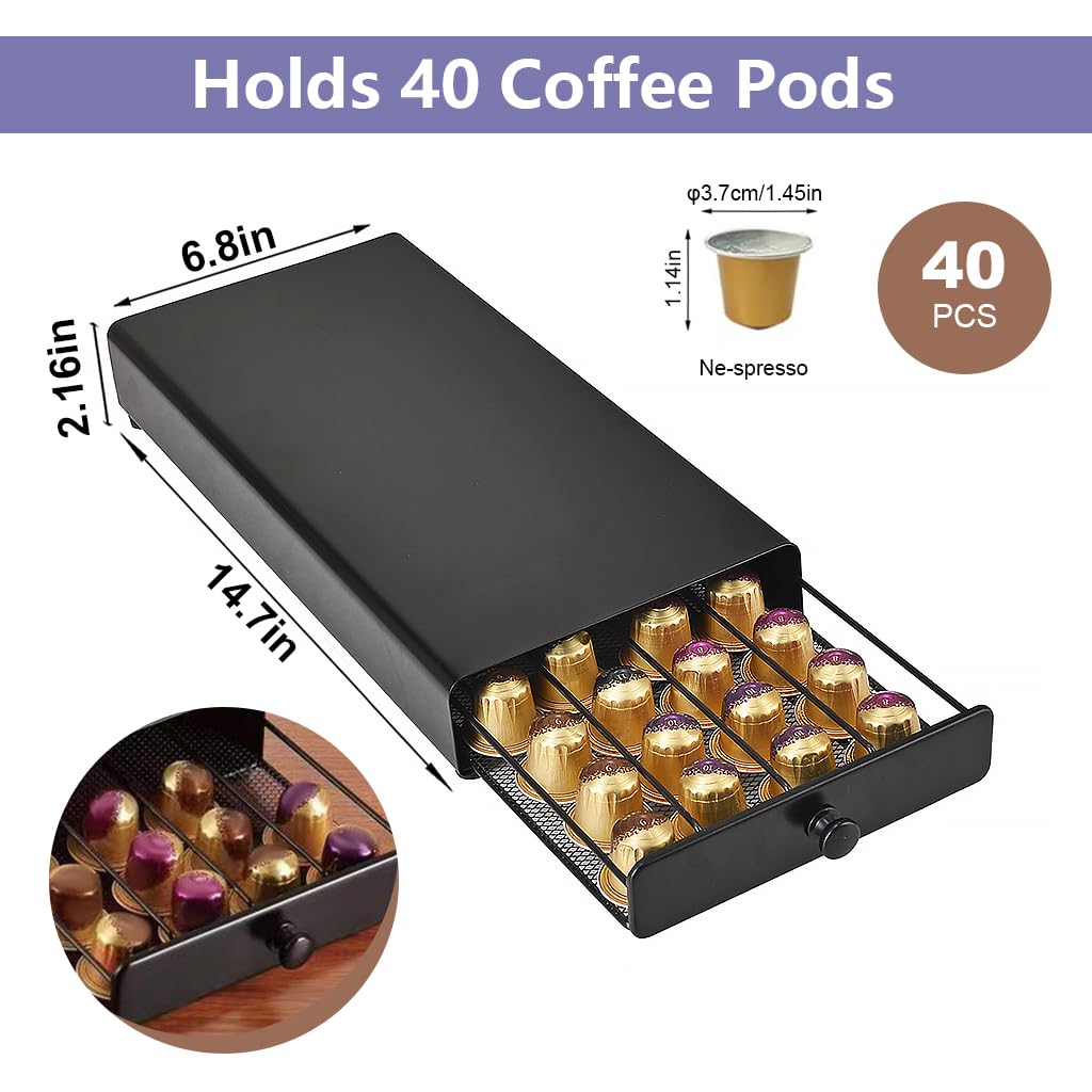 Supvox® Coffee Pod Organizer Ne-spresso Pods Organizer Drawer Organizer Holder for 40 Pack Coffee Pod Dustproof Coffee Pod Sliding Drawer Kitchen Counter Coffee Pod Organizer Black