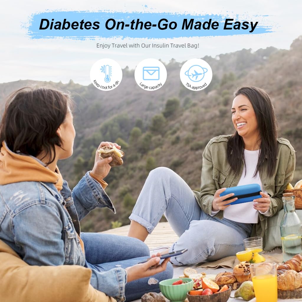 ZIBUYU Insulin Cooler Travel Case for Diabetic Supplies with 3 Ice Packs and Temperature Display | Blue Portable Bag 8.67×4.33×2.03 in