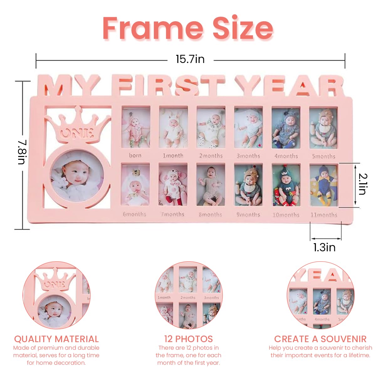 SNOWIE SOFT Photo Frame for Baby First Year Milestones with 12 Slots 42×21.5×2.8 cm | Pink Nursery Keepsake