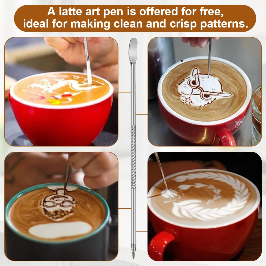 Supvox Milk Frothing Pitcher 350ml with Latte Art Pen featuring V Shape Nozzle & Wood Handle | Stainless Steel Coffee Jug for Barista