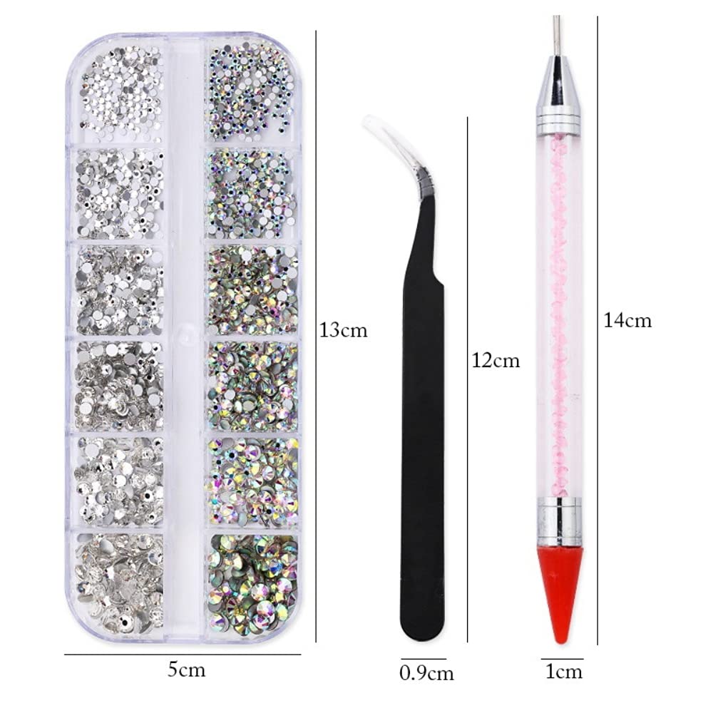 ELEPHANTBOAT® Flat Back Nail Art Kit,AB Crystal Rhinestones and Clear Crystal Rhinestones with Pick Up Tweezer and Picker Dotting Pen,1500 PCS and 6 Sizes