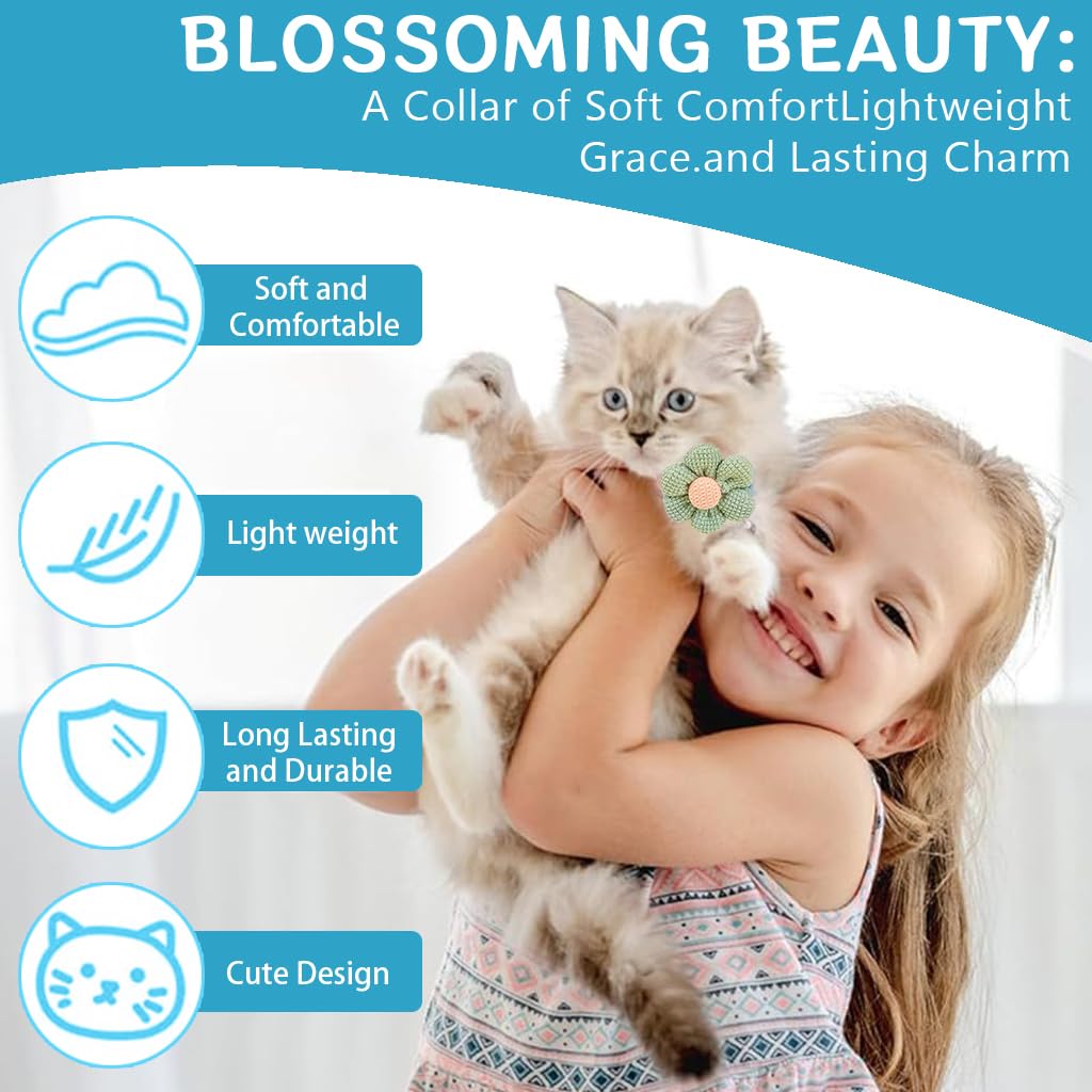 Qpets Cat Collar Set 8PCS Adjustable 19–32cm with Crochet Flower and Silver Bell | Gift for Cat Lovers