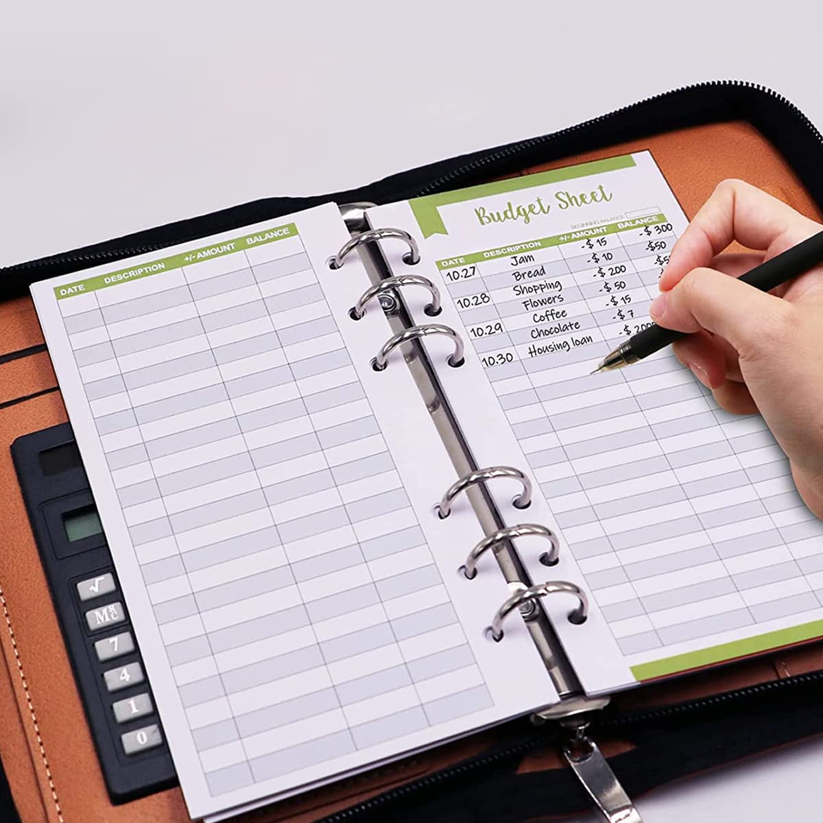 ELEPHANTBOAT Leather A6 Binder Notebook Set for Budget Planning with 6 Ring Design | Includes Calculator and 12 Cash Envelopes