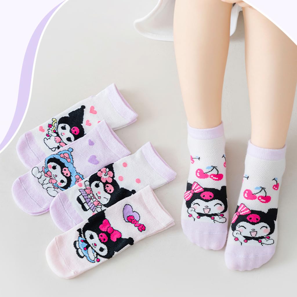 SNOWIE SOFT Kids Socks with Kuromi Cartoon Design Cotton Mesh 5 Pairs for 5–8 Years