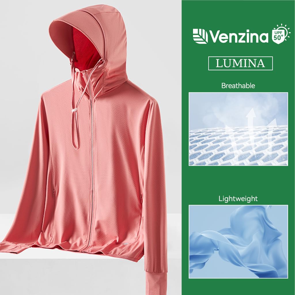 Venzina Women's UPF 50+ Sun Protection Jacket for Hiking with Thumbholes and Pockets | Lightweight UV Hoodie with Detachable Brim, Orange Red XL