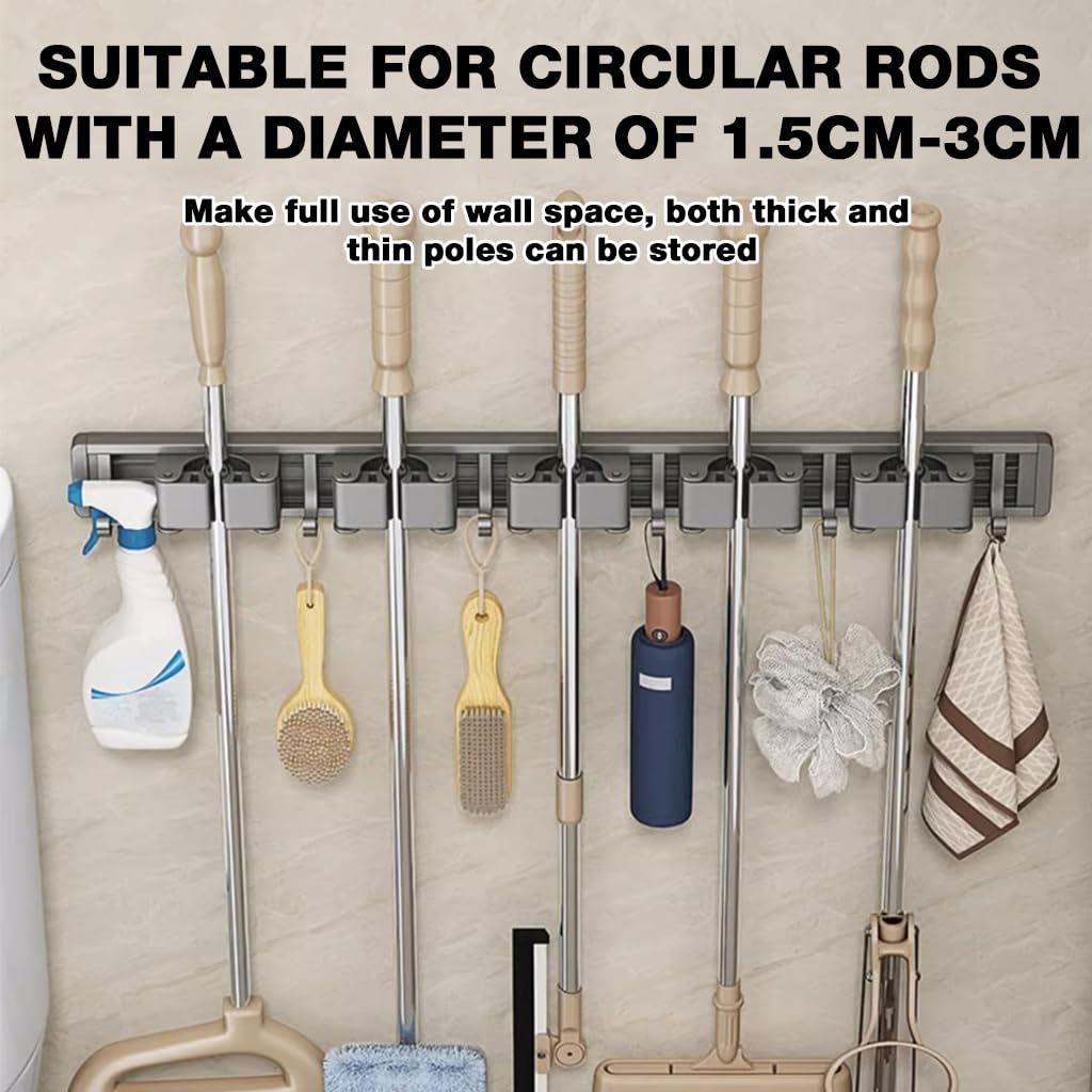 HASTHIP Mop and Broom Holder for Bathroom and Garage with 6 Hooks and Push-in Rail | No-Drill Aluminum Organizer