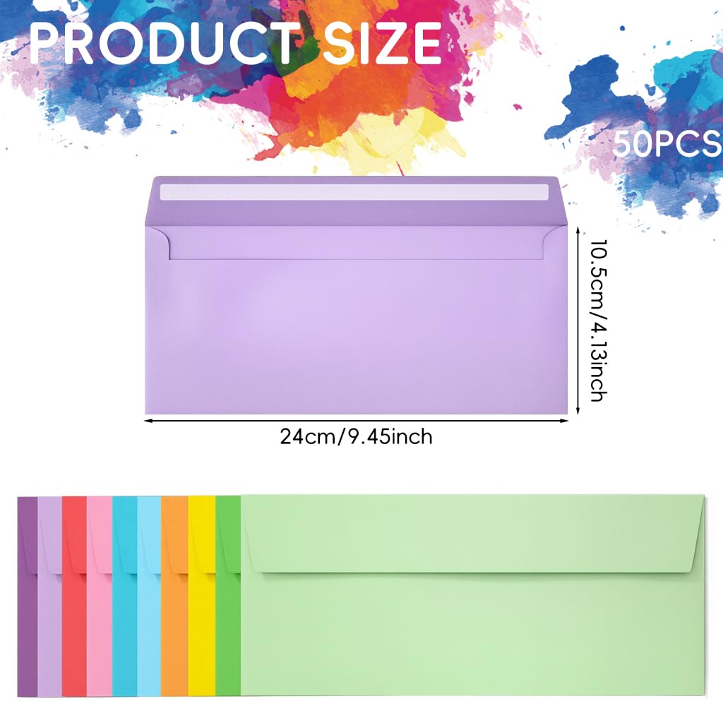 OFIFO Colored Envelopes for Invitations and Letters featuring Self Seal Flap 50 Pack 24.1 x 10.5 cm | Assorted 10 Bright Colors