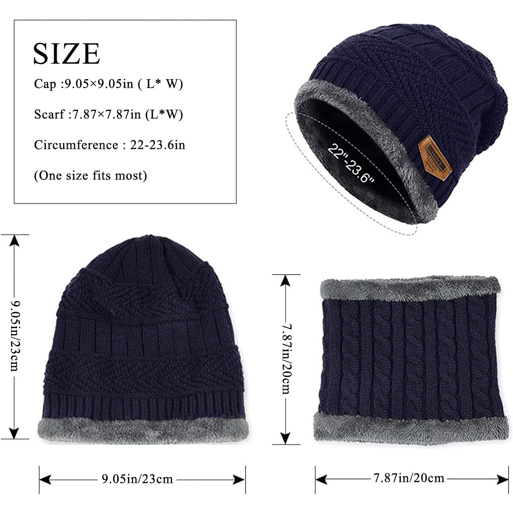 ZIBUYU® Winter Cap for Men and Women Warm Knitted Cap with Neck Gaiter Knitted Scarf, Warm Winter Cap Scarf Set Beanie Cap Neck Warmer Scarf Winter Cap and Neck Warmer (Navy Blue)