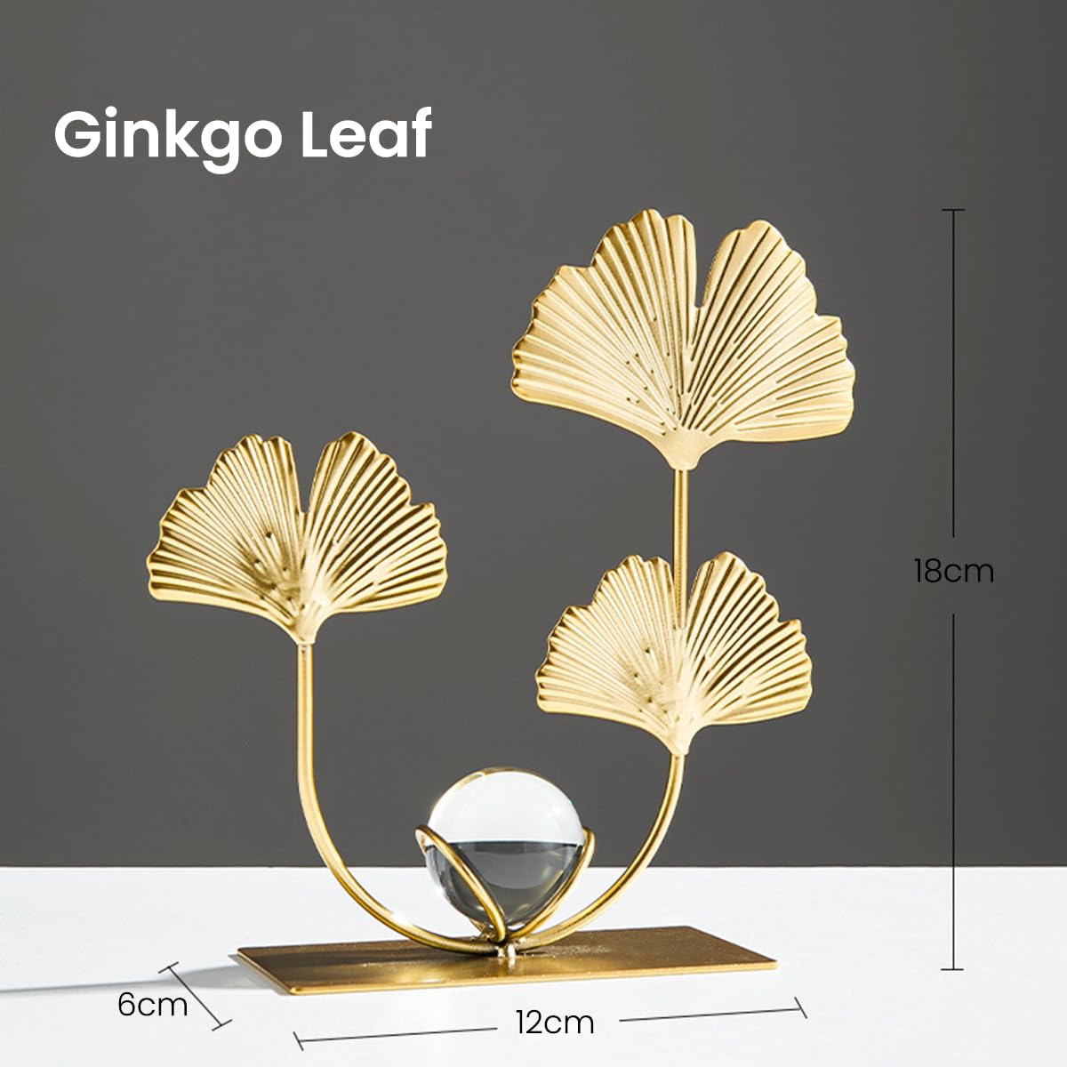 HASTHIP Golden Ginkgo Leaf Desk Decoration with Crystal Ball Centerpiece 12x6x18cm | Elegant Wrought Iron Home and Office Ornament