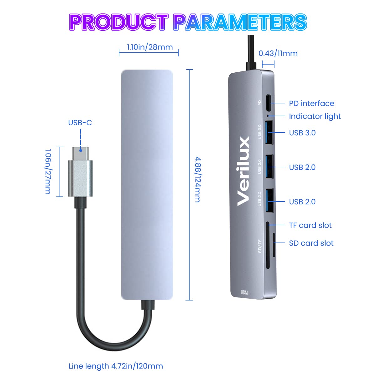 Verilux® USB C Hub Multiport Adapter 7 in 1 Aluminum Type C Hub with 4K HDMI Output, USB 2.0/3.0 Ports, SD/Micro SD Card Reader, PD100W Compatible for MacBook Pro/ Air M1, XPS, Surface Pro and More
