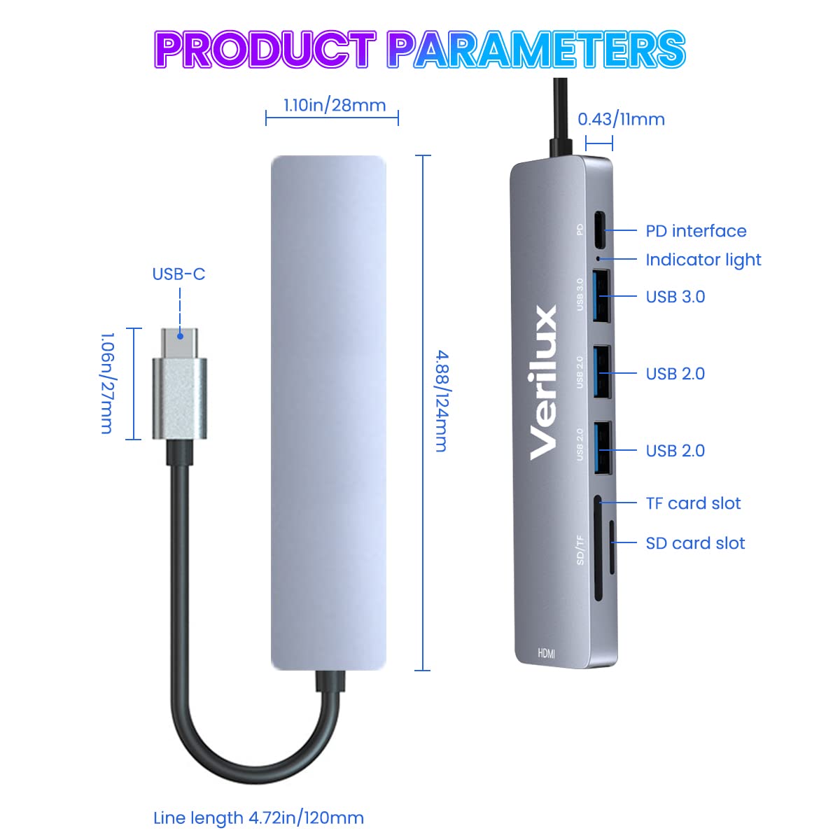 Verilux USB C Hub Multiport Adapter with 4K HDMI and 100W PD Charging | 7 in 1 Aluminum Type C Hub for MacBook and Laptop