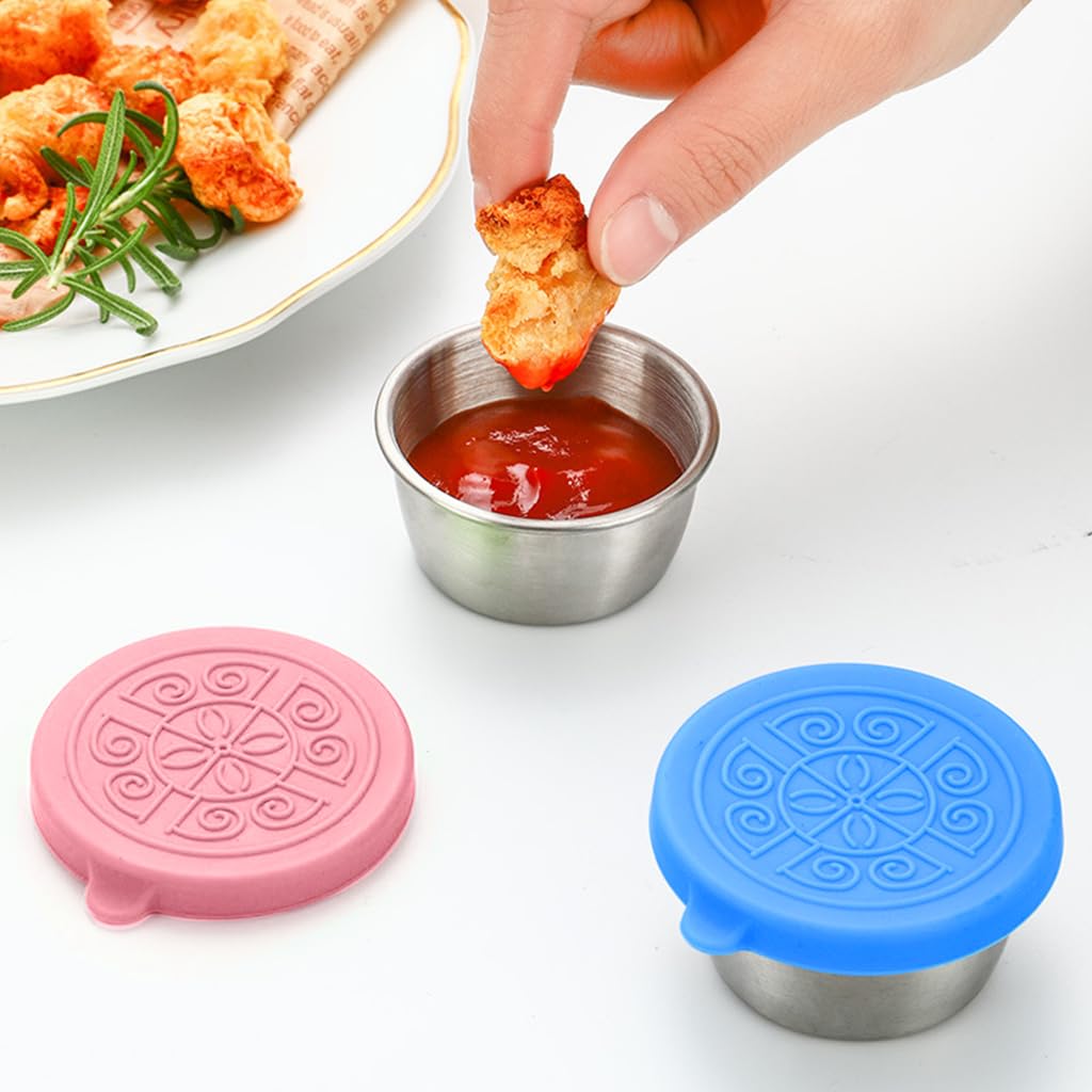 HASTHIP Salad Dressing Containers for Lunch and Travel with Leakproof Silicone Lids 40ml Stainless Steel Cups | Pink and Blue Reusable Set