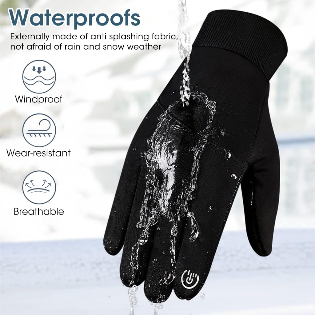 PROBEROS Winter Cycling Gloves for Outdoor Riding with Anti Slip Palm 24.5cm Fit | Black Waterproof Warm Touchscreen Design