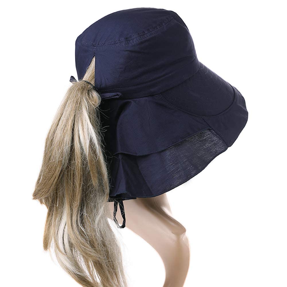 PALAY Fashion Wide Brim Hat for Women with 4.7 in Brim and Ponytail Hole | UV Protection Navy Blue Sun Hat