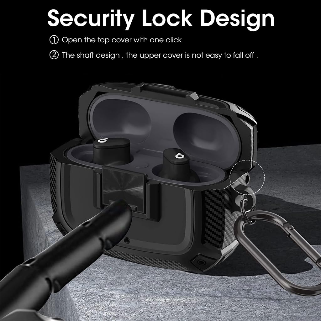 ZORBES Case for Beats Studio Buds, Protective Case Cover Beats Studio Buds 2021/2023 TPU Charging Case Cover with Lock Button & Carabiner Shockproof Beats Studio Buds Earbuds Accessories, Black