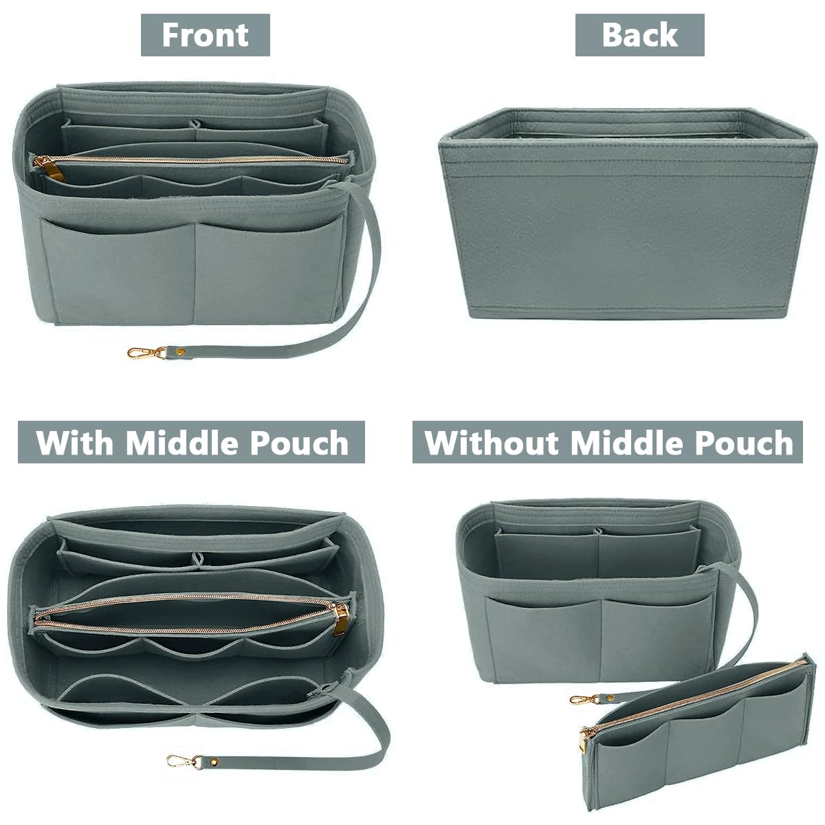 MAYCREATE Women Felt Purse Organizer Insert for Handbag featuring Multi Pocket Design and Detachable Zipper Pouch 26×14×15cm Grey