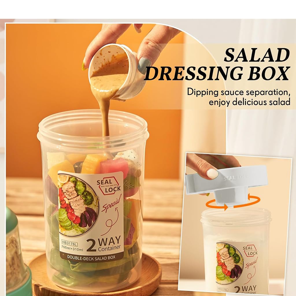 HASTHIP Breakfast On the Go Cup for Yogurt and Oats with 350ml and 760ml Dual Containers | Leak-Proof PP Jar Featuring Screw Cap and Detachable Sauce Case