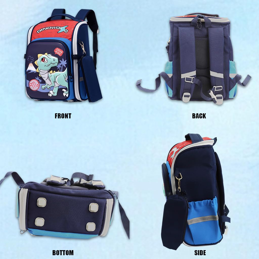PALAY Boys School Backpack for Primary Students with 39×27×17cm Storage and Ergonomic Design | Blue Dinosaur Print with Reflective Safety Strips