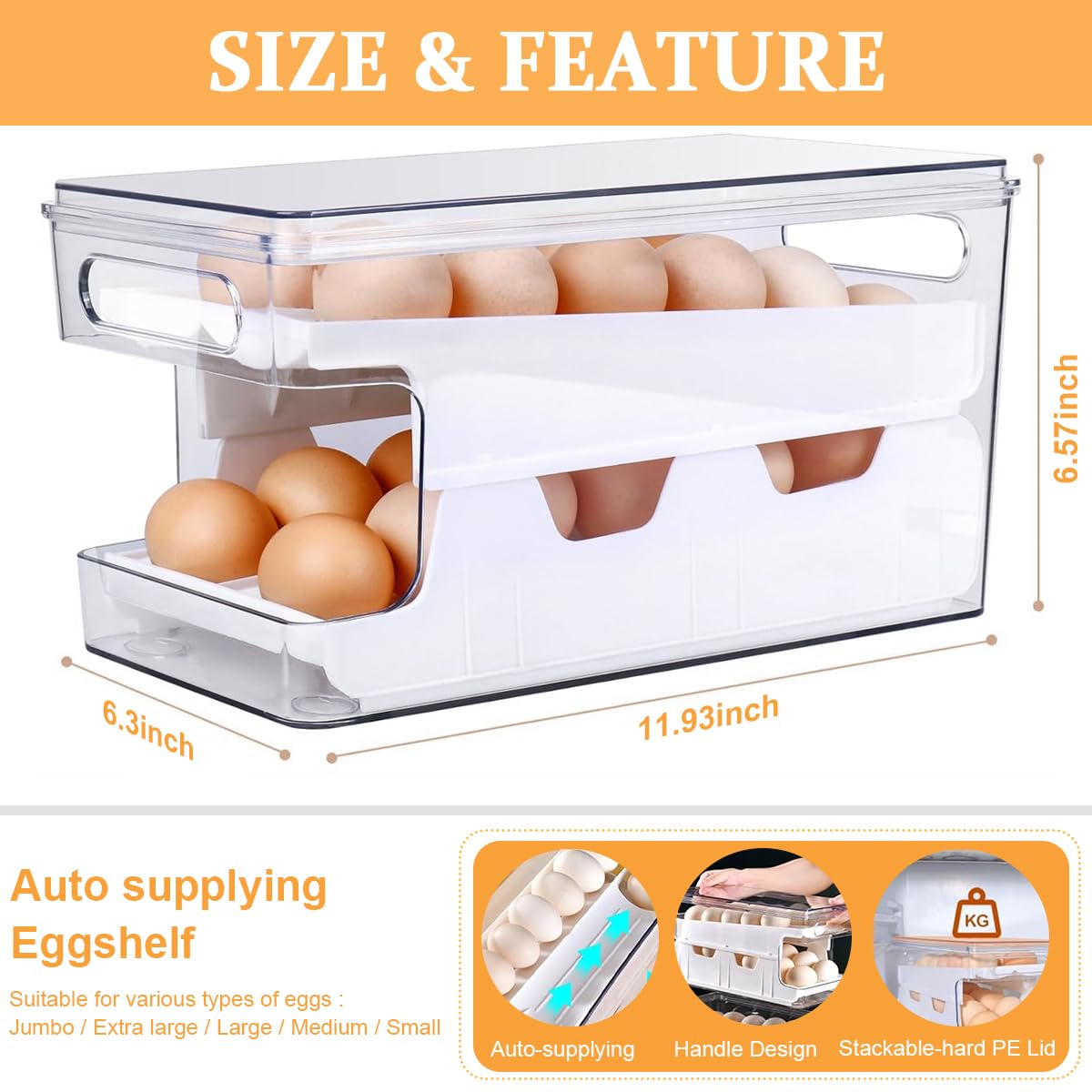 Supvox Automatic Egg Dispenser for Refrigerator with Double Track 24 Egg Capacity | White
