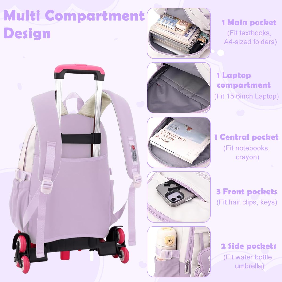 PALAY School Backpack with Wheels for Girls featuring 6 Wheel Metal Trolley and Retractable Handle