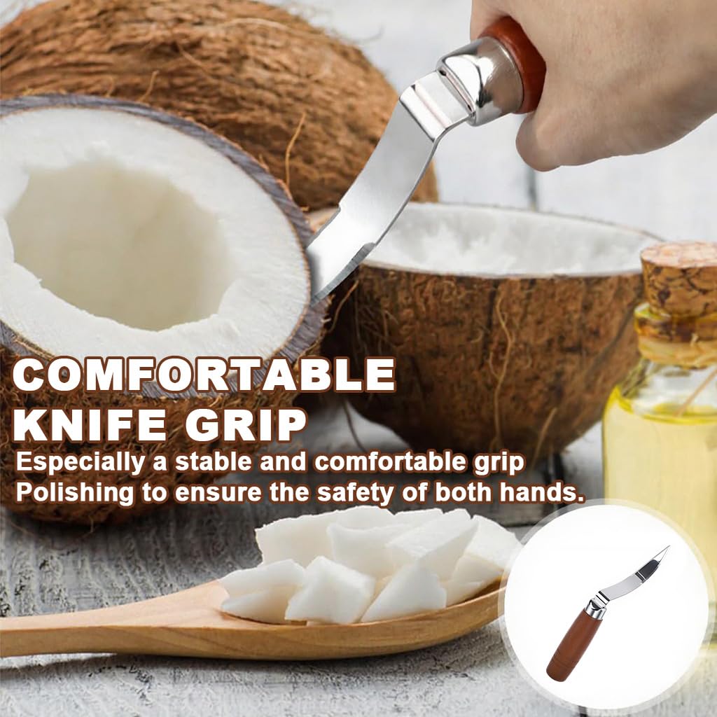 HASTHIP Coconut Pulp Scraper Tool for Easy Pulp Removal with Curved Blade and Wooden Handle