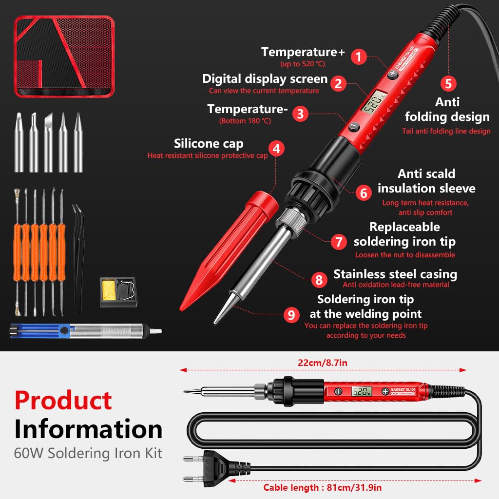 Serplex Soldering Iron Kit for Electronic Repair with LCD Display and 60W Adjustable Heat | Includes 5 Tips and Ergonomic Handle