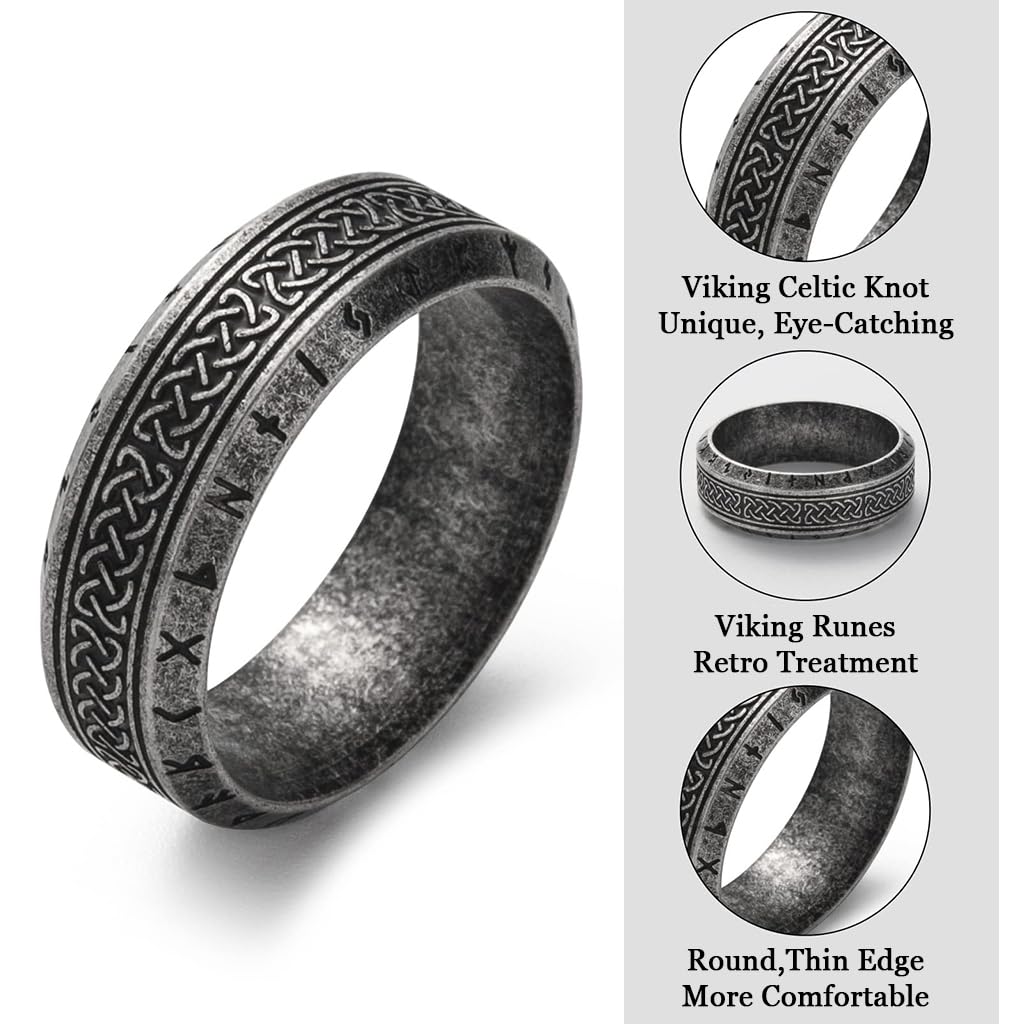 GUSTAVE Ring for Men with Celtic Knot and Rune Engravings in Titanium Steel | Viking Amulet Jewelry